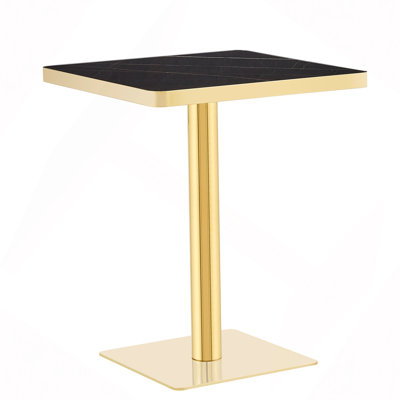 Table bistro de 24 po en faux marbre, petite table carrée moderne avec bordure en acier inoxydable et base piédestal, plateau de table à revêtement UV pour la cuisine, le café, le restaurant, le bar, facile à nettoyer