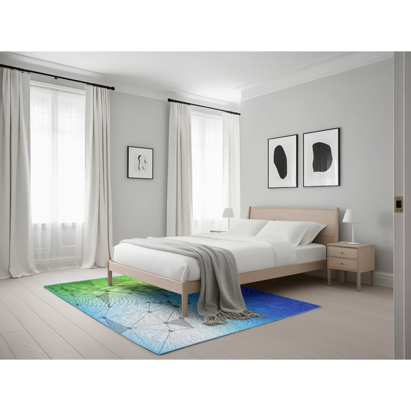 Tapis bleu/vert à motifs, Rectangle 5 pi x 7 pi