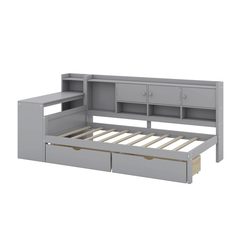 Wooden L-Shape Daybed With Cabinets & Drawers, Multi-Functional Study Desk & Built-In Bookshelf, Twin