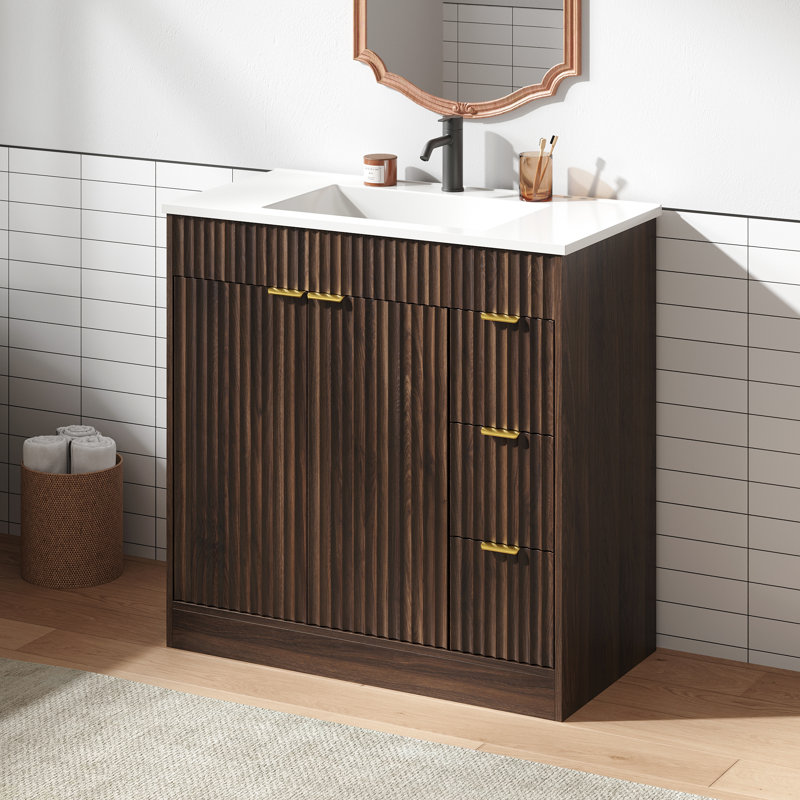 Adonia Freestanding 36" Single Bathroom Vanity With SMC Top, Fluted Wood Bathroom Cabinet With Doors, Brown, 36"