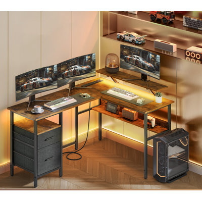Epone L-Shaped Metal Base Computer Desk with Power Outlet