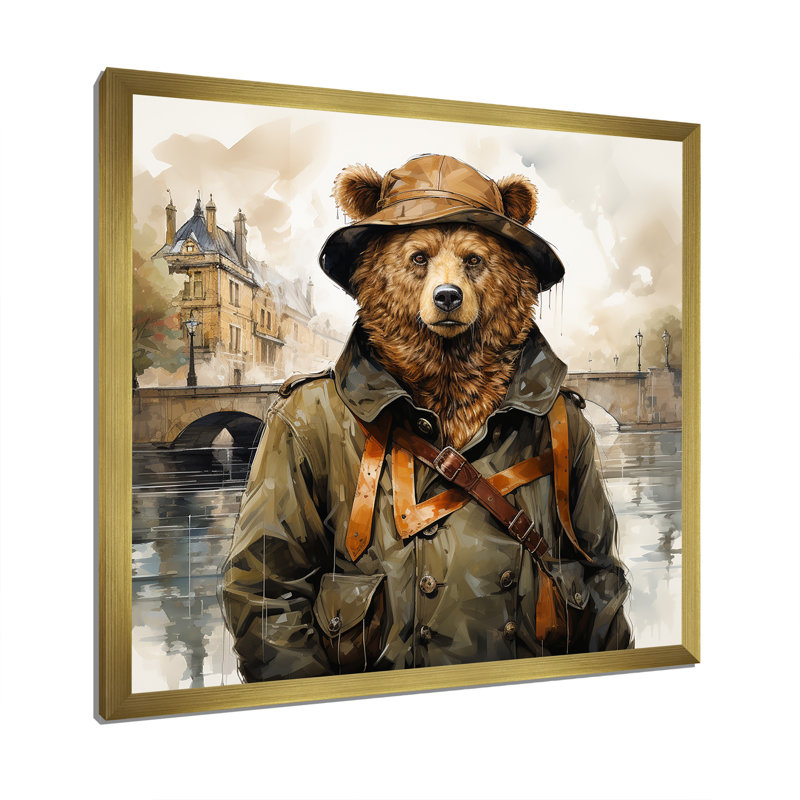 Ours en costume détective campagne I - ours 2, art mural, Cadre doré simple, H 30 po x l 30 po x P 1,5 po