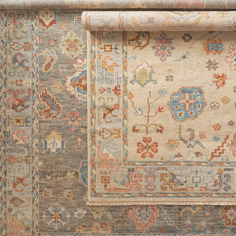 Hand Knotted Wool Oriental Area Rug in Ivory, Rectangle 9' x 12'