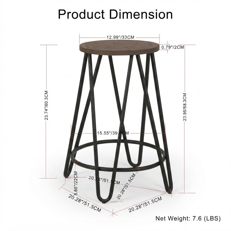 Tabouret de bar industriel en bois d'orme massif de 61 cm (24 po), tabouret rond à hauteur de comptoir avec pieds en épingle à cheveux en fer noir, pour la cuisine et le bar à domicile, brun cacao