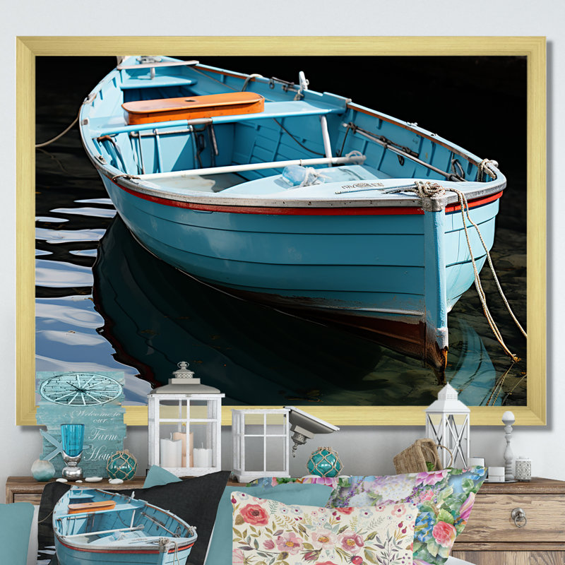 Bateau de pêche bleu et rouge - Bateau de pêche, art mural, Cadre doré à coins fermés, H 16 po x l 32 po x P 1 po