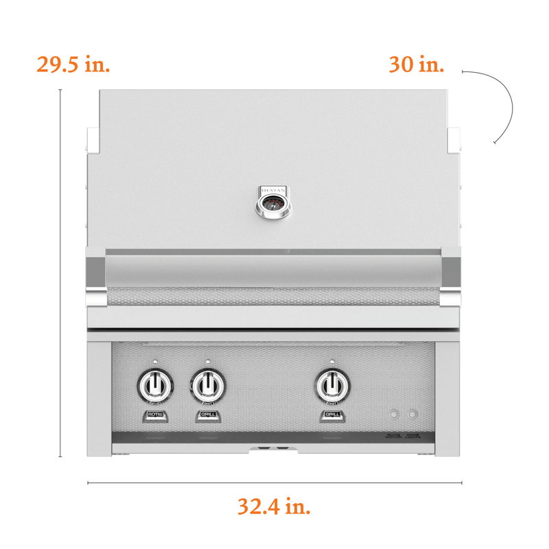 30" Buitl-In Grill, 2 Trellis Burners, Rotisserie, Natural Gas
