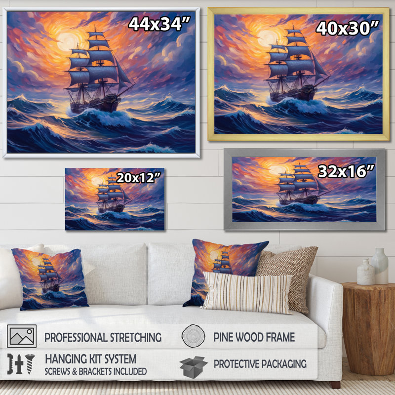 «Ship Sailing The High Seas», reproduction sur toile, H 34 po x l 44 po x P 1,5 po, Cadre flottant noir