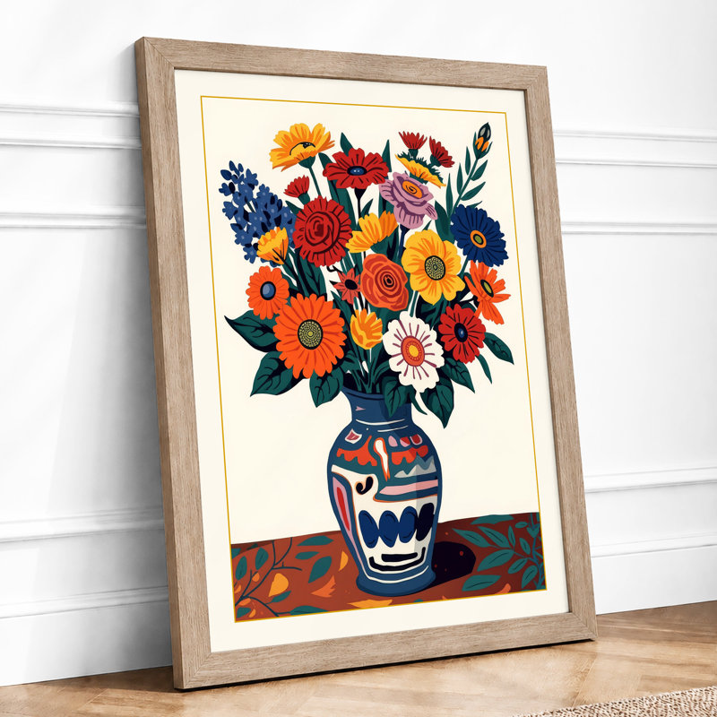 Floral Folk Arrangement Boho - Framed Print, A3 - 42.0 x 29.7 cm, Oak