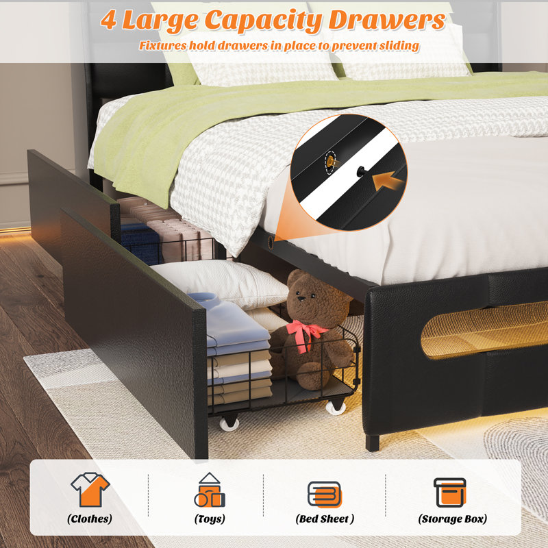 Black Queen Upholstered Bed Frame with LED Lighted Storage Headboard and Drawers