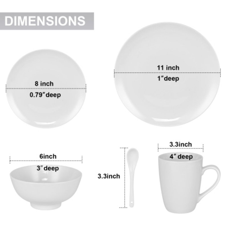 Service de vaisselle blanc, service de 20 pièces pour 4 personnes, avec assiettes à dîner, assiettes à salade, bols, tasses et cuillères à café, porcelaine durable pour Noël, Halloween, mariage, banquet
