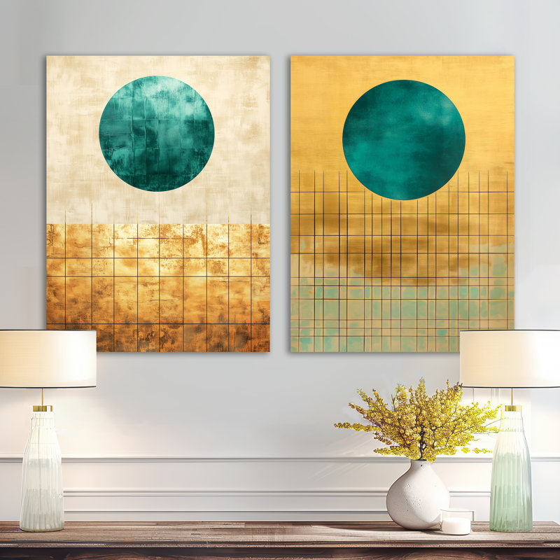 Art mural moderne Mid-Century, toile bleu sarcelle, soleil bleu sarcelle sur grilles dorées, H 32 po x l 48 po, Toile tendue