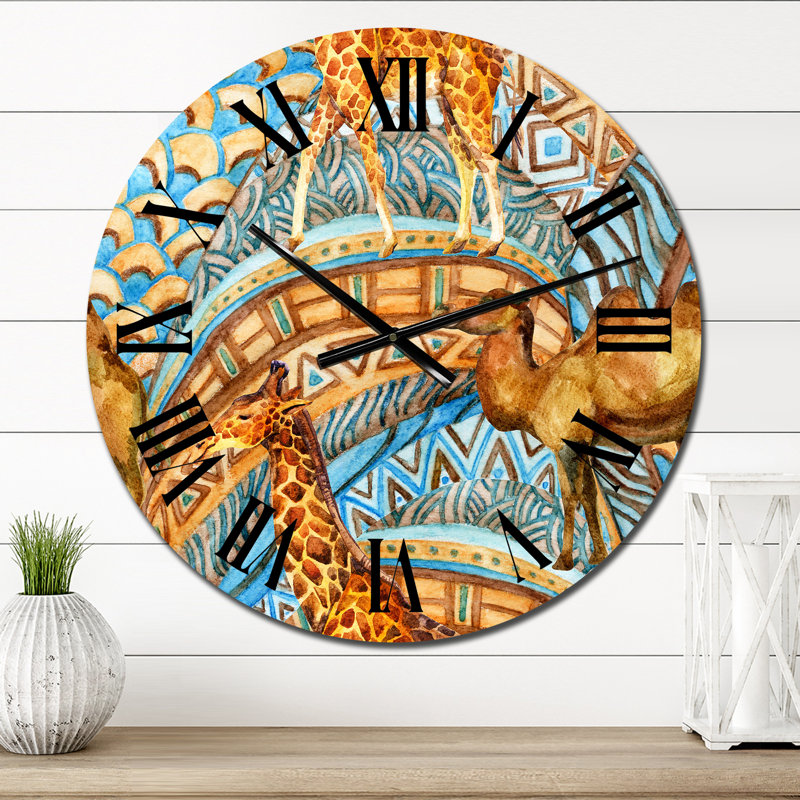 Girafe et caméléon sur une géométrie africaine - Horloge murale à motifs, Petit