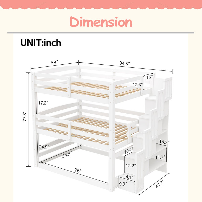 Full Size Triple Bunk Bed With Storage Staircase,Separate Design, White