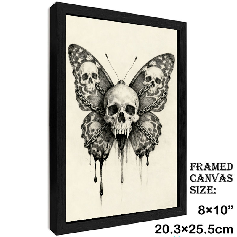Reproduction d'art encadré noir avec crâne de papillon rétro, H 11 po x l 9 po