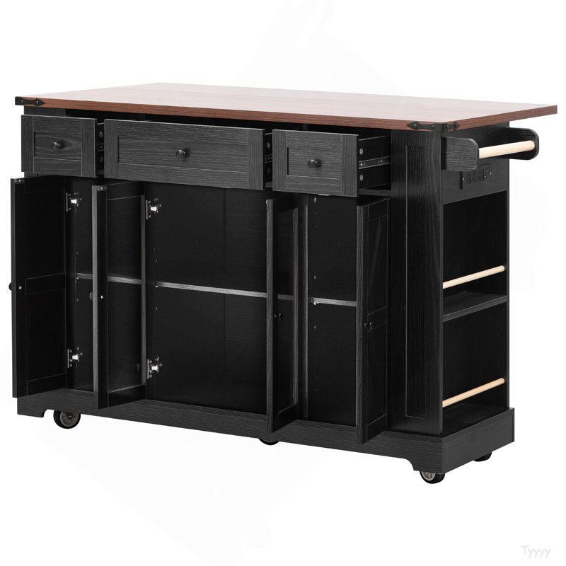 53'' Farmhouse Kitchen Island With Two Tempered Glass Cabinet Doors, Power Outlet, Rolling Kitchen Cart On Wheels With Drop Leaf, 5 Open Side Racks, 3 Drawers, For Kitchen, Dining Room, Black