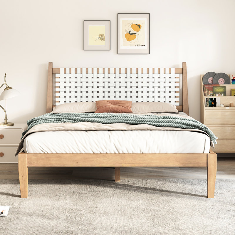 Bohemian - Inspired Queen Size Bed With Woven Leather Back, Natural Wood, Finish And Pine Frame, Weight Balanced Slats