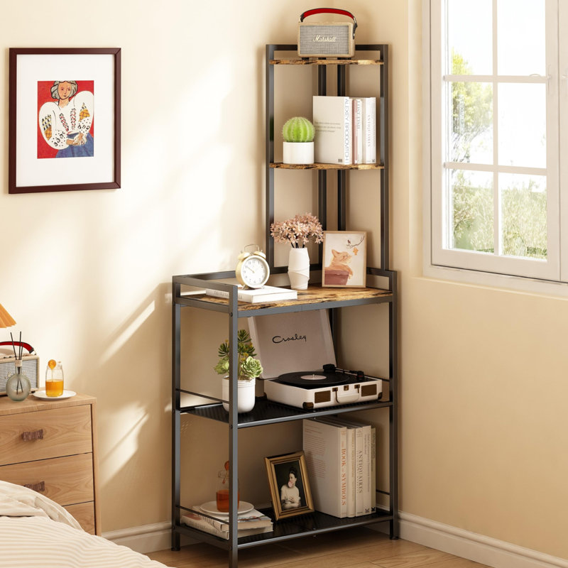 5 Tier Corner Shelf Stand, Freestanding Corner Shelf Unit Bookshelf, Corner Table With Shelf, Tall Storage Organizer Rack, Metal, Country Rustic