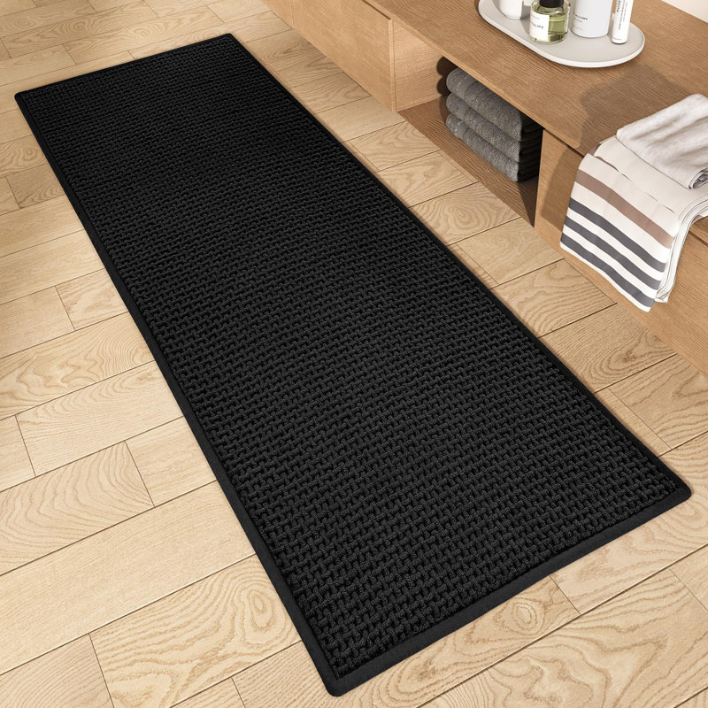 Idalee Bath Rug with Non-Slip Backing, Black, 16''W x 24''L
