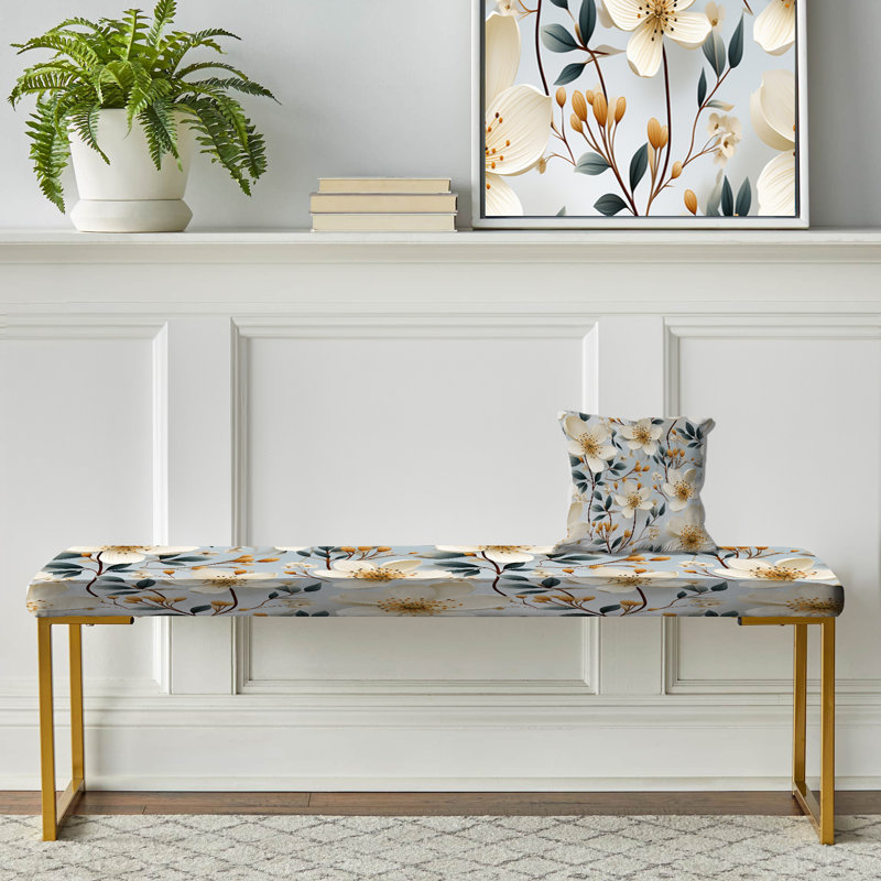 Ivory Coastal Elegance Floral Pattern III - Floral Upholstered Gold Bench