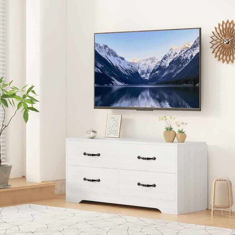 Meuble télé avec support pour téléviseur de 32 à 75 po, console média moderne avec 4 grands tiroirs, commode blanche avec rangement pour le salon et la chambre à coucher