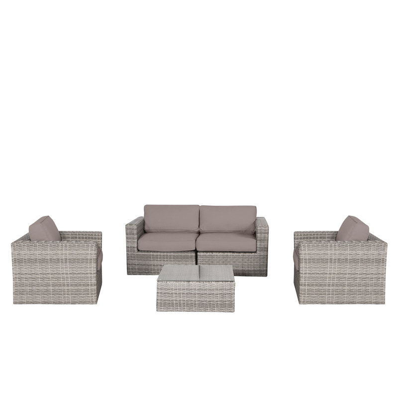 Ensemble de conversation en osier pour 4 personnes avec coussins Meltham, Sunbrella taupe, Mélange de gris