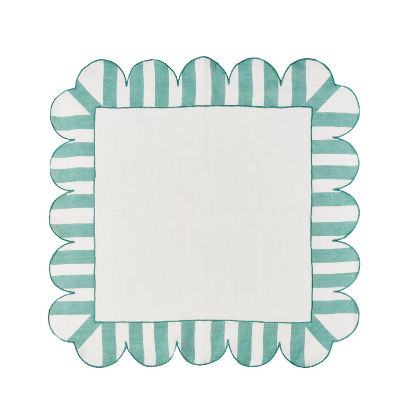 Jardin Embroidered Linen Scalloped Stripe Napkins, Green/White