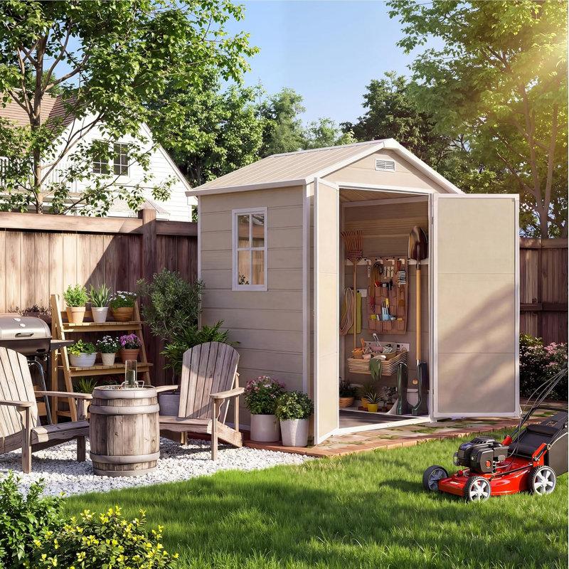 Outdoor 6x4 FT Storage Shed with Floor, Window, Sloping Roof and Lockable Door for Garden Tools and Equipment, Tan