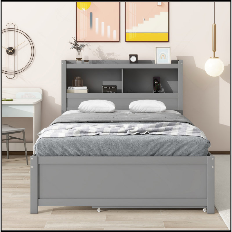 Lit plateforme double avec lit gigogne, tiroirs et prises USB, gris