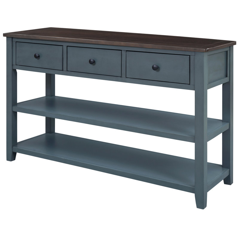 Retro Design Console Table With Two Open Shelves, Pine Solid Wood Frame And Legs For Living Room, Navy, Espresso