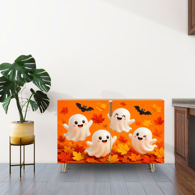 Sideboard Buffet Cabinet with Storage Cute Halloween Ghosts Autumn Leaves Bats Orange with 2 Doors for Living Room and Kitchen