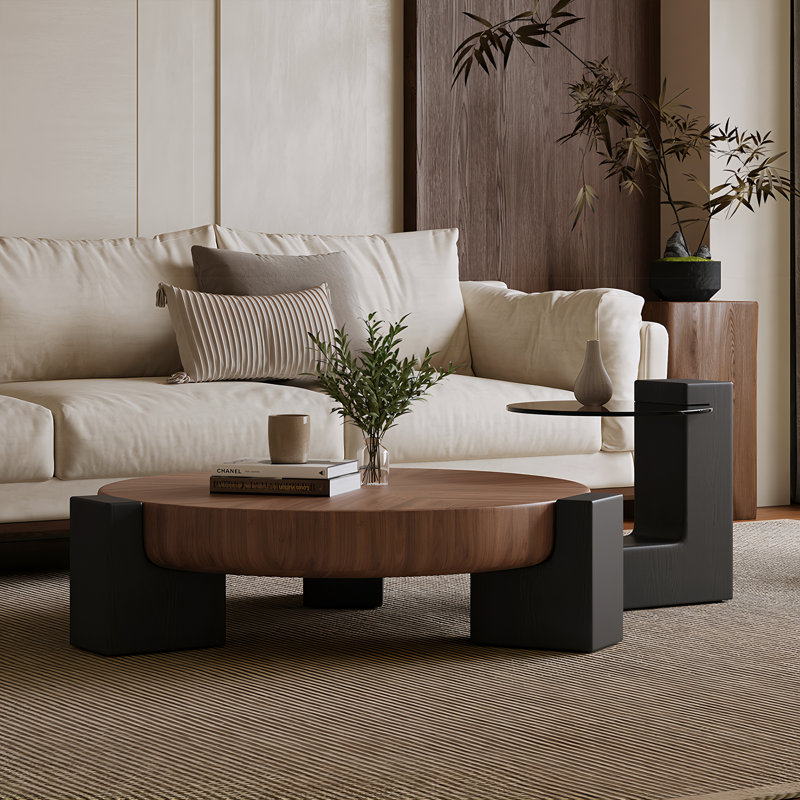 2 Piece Set of Modern Round Wood Coffee Table with Geometric Leg Design