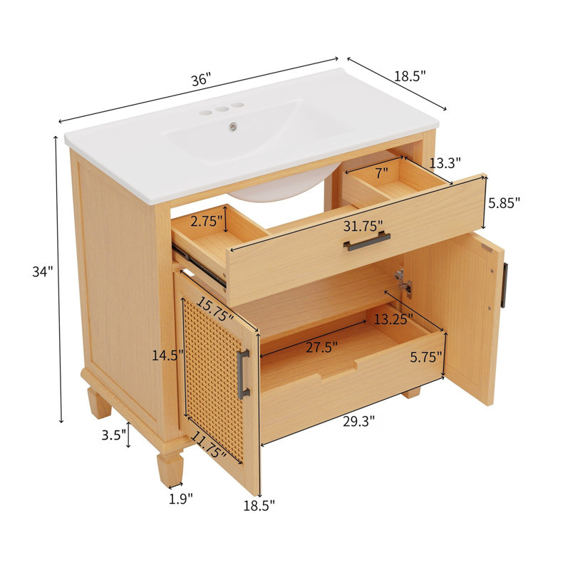 Meuble-lavabo en rotin avec lavabo en céramique, Naturel