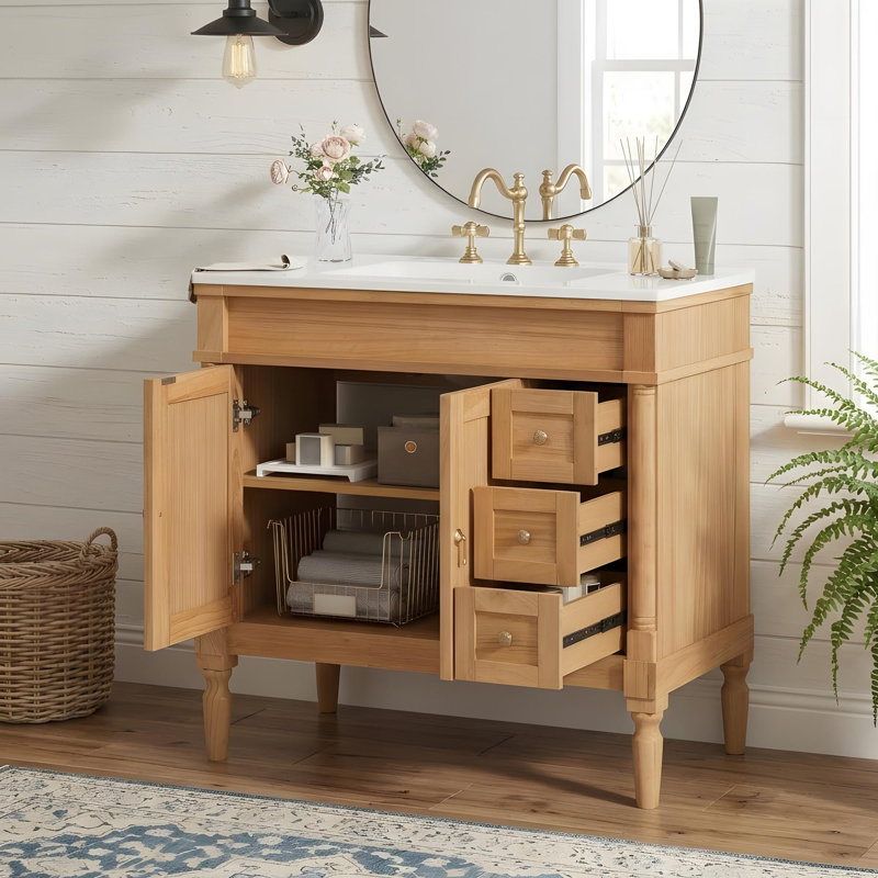 Meuble-lavabo de 36 po avec lavabo, 3 tiroirs, 2 portes à fermeture en douceur et tablettes réglables, 36