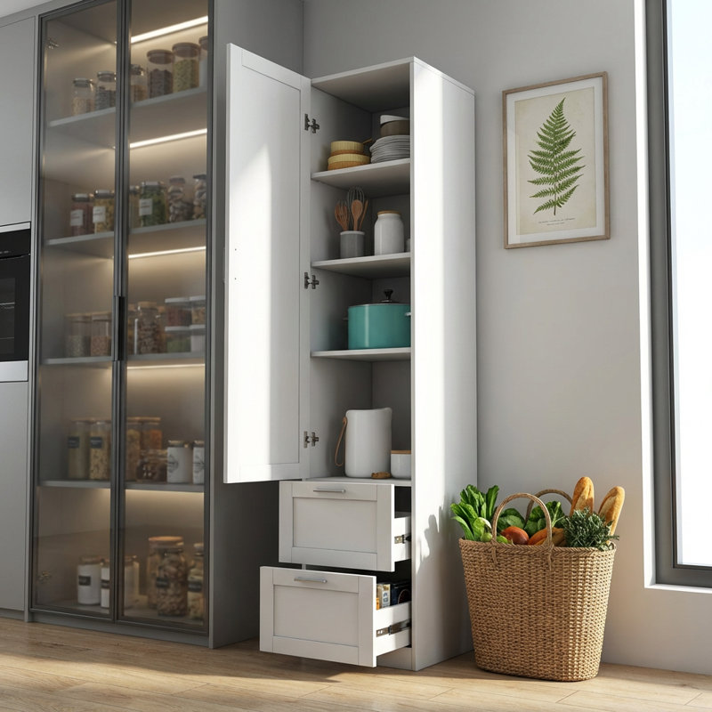 Armoire de rangement autoportante avec tablettes réglables et tiroirs