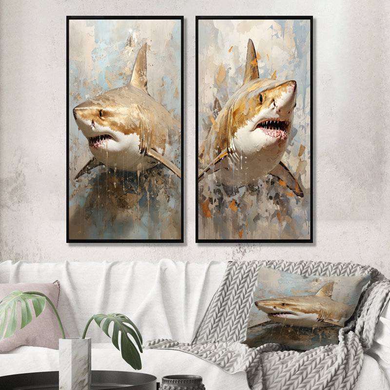 Minimalism Shark Painting In Golden Beige - Shark Wall Art Living Room Set Of 2, 40" H x 41" W, Black Framed