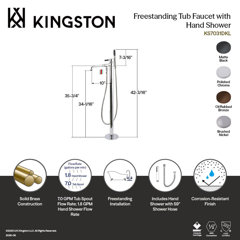 Kingston Brass Kaiser Single-Handle 1-Hole Freestanding Tub Faucet with Hand Shower, Matte Black