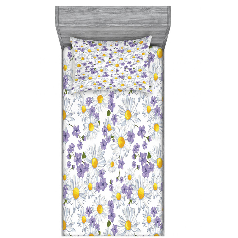 Ambesonne Fitted Sheet & Sham Set, Twin XL Sheet Set with 1 Pillowcase, White/Purple/Yellow Floral 2