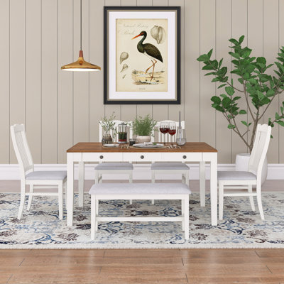 6-Piece Wood Dining Table Set,Special Design With 2-Tone Finish,With Real Drawer And Fake Drawers, Upholstered Chairs And Bench,Easy To Assembly