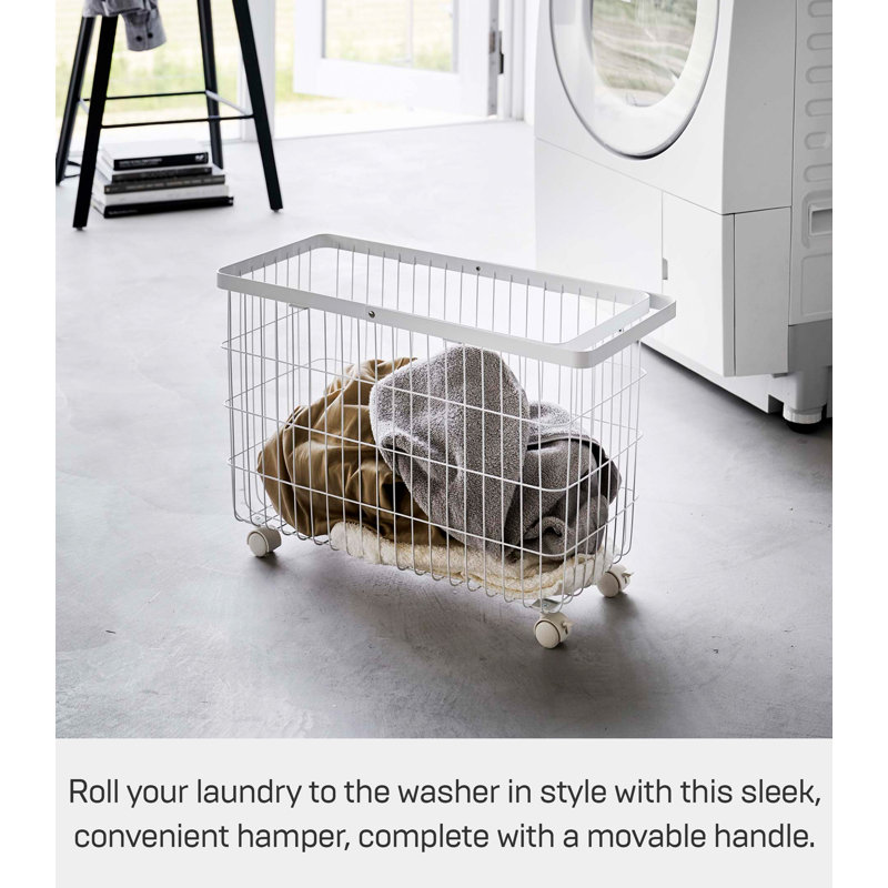 White Rolling Wire Laundry Basket with Wheels