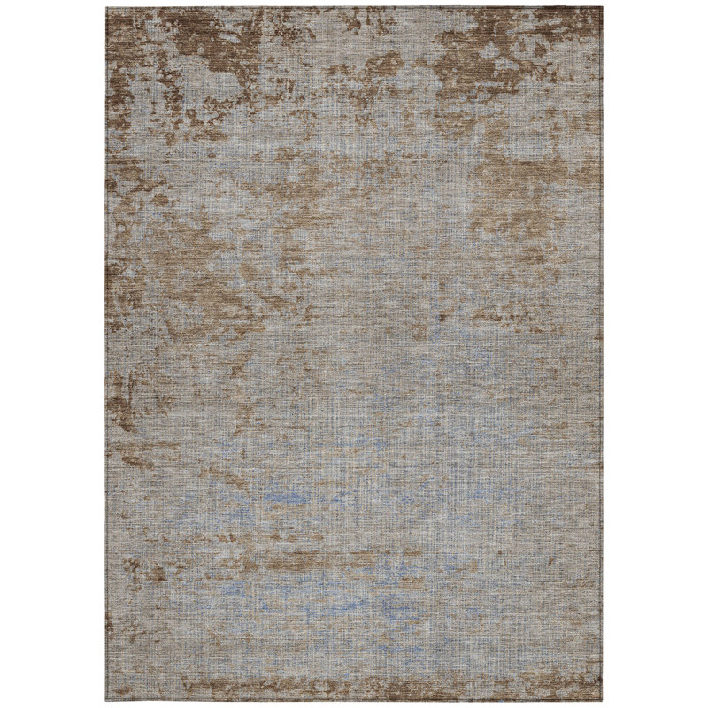 3' X 5' Taupe And Denim Blue Abstract Washable Indoor Outdoor Area Rug