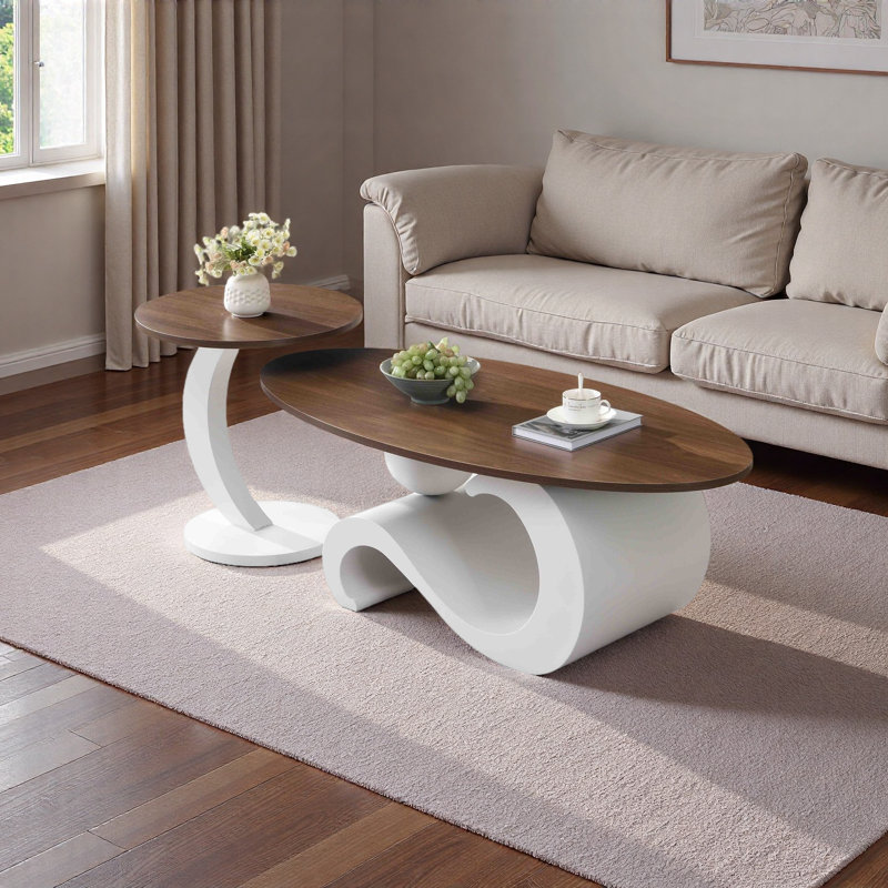Ensemble de 2 tables basses gigognes, ensemble de tables basses orales et rondes, table industrielle pour le salon, Blanc