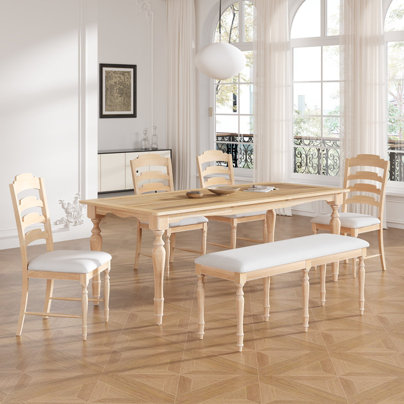 Vintage 6-Piece 82.7" Extendable Dining Set with Removable Leaf, Bench and Upholstered Chairs, Natural