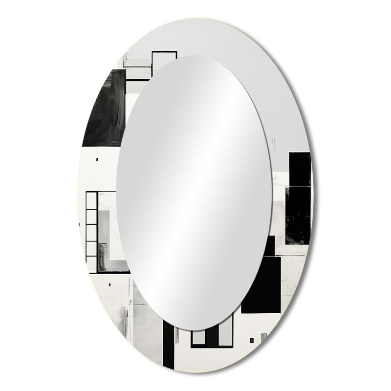 Cubic Black And White Windows To The Ocean - Abstract Oval Decorative Mirror On Metal, 36" x 24"