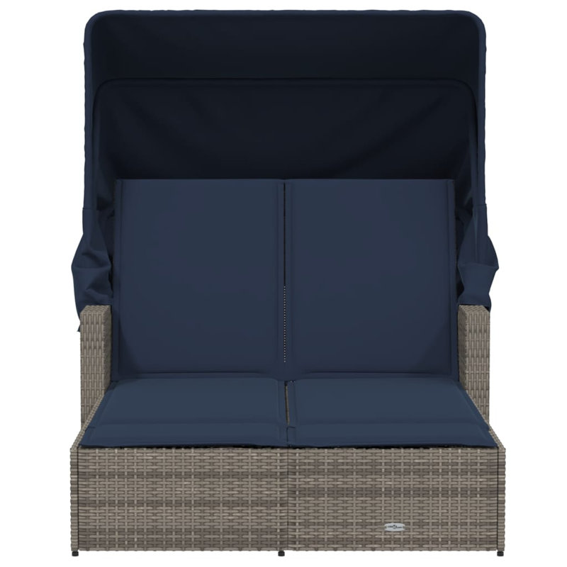 vidaXL Double Sun Lounger with Canopy and Cushions Patio Day Bed Poly Rattan, Gray/Navy Blue
