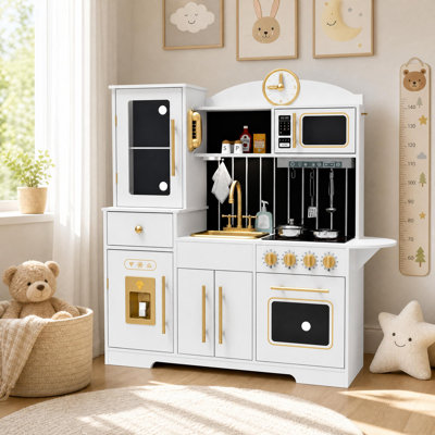 Wooden Play Kitchen with Coffee Maker & Utensils, White, 91cm H