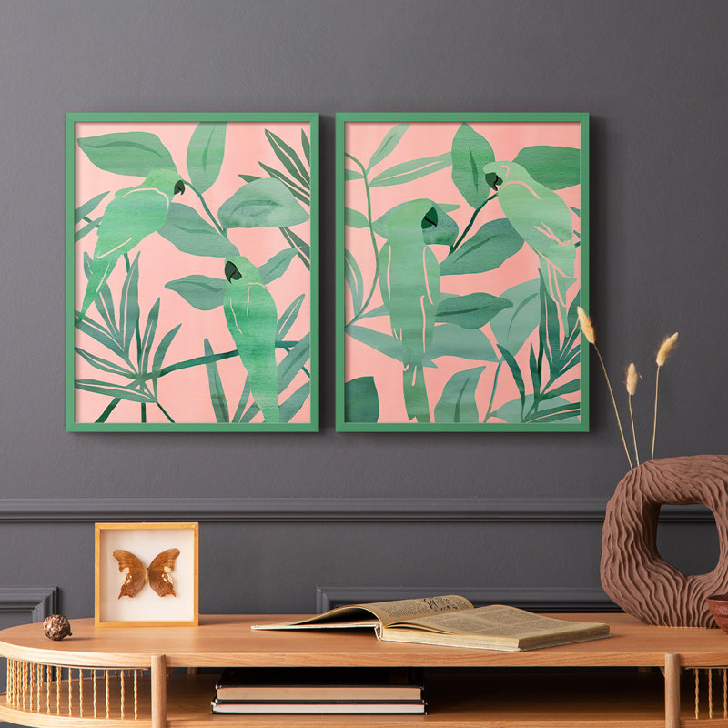 Oiseaux de paradis rose et vert, reproduction encadrée de qualité supérieure - prête à être accrochée - aucun clou requis - aucun clou requis