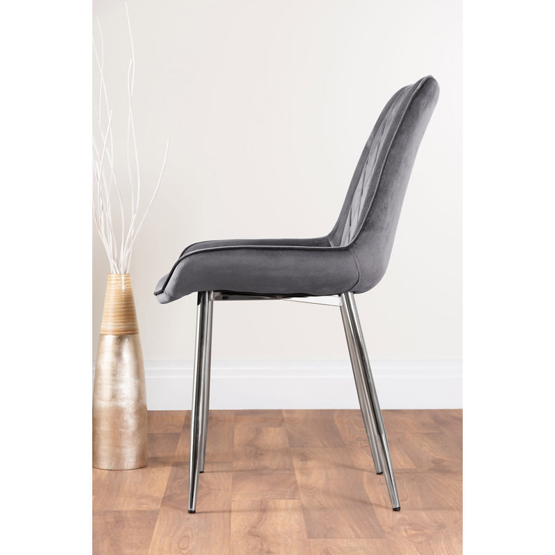 Eubanks High Gloss 6 Seat Rectangular Dining Table Set with Velvet Upholstered Dining Chairs, Gray/Silver