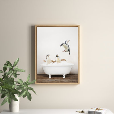 Penguins Playing in Rustic Bath by Amy Peterson Framed Canvas Wall Art Print