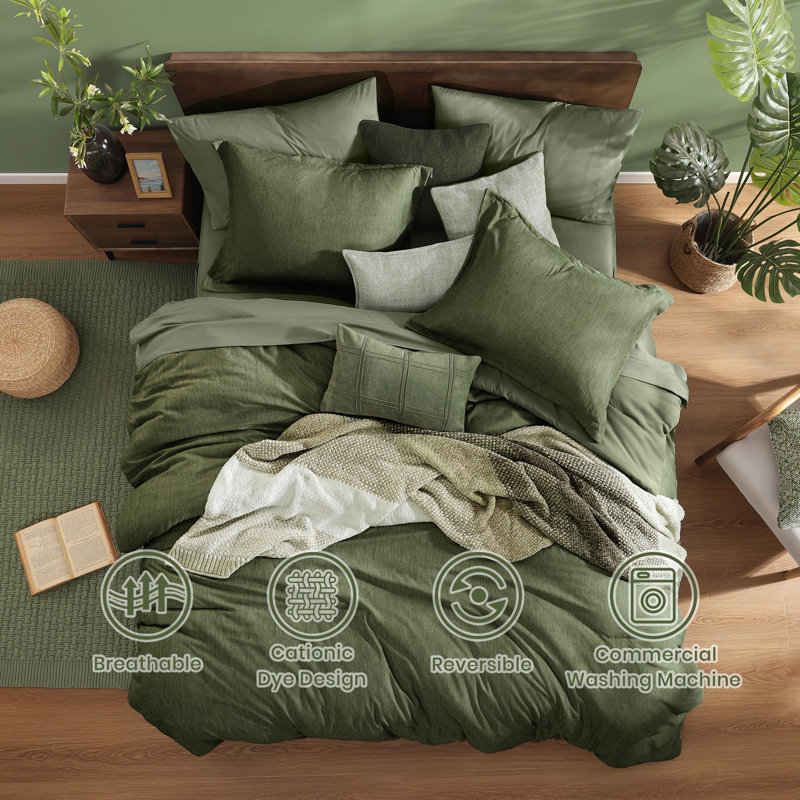 Cationic Comforter Set 7PC, King Comforter + 6 Additional Pieces, Olive Green