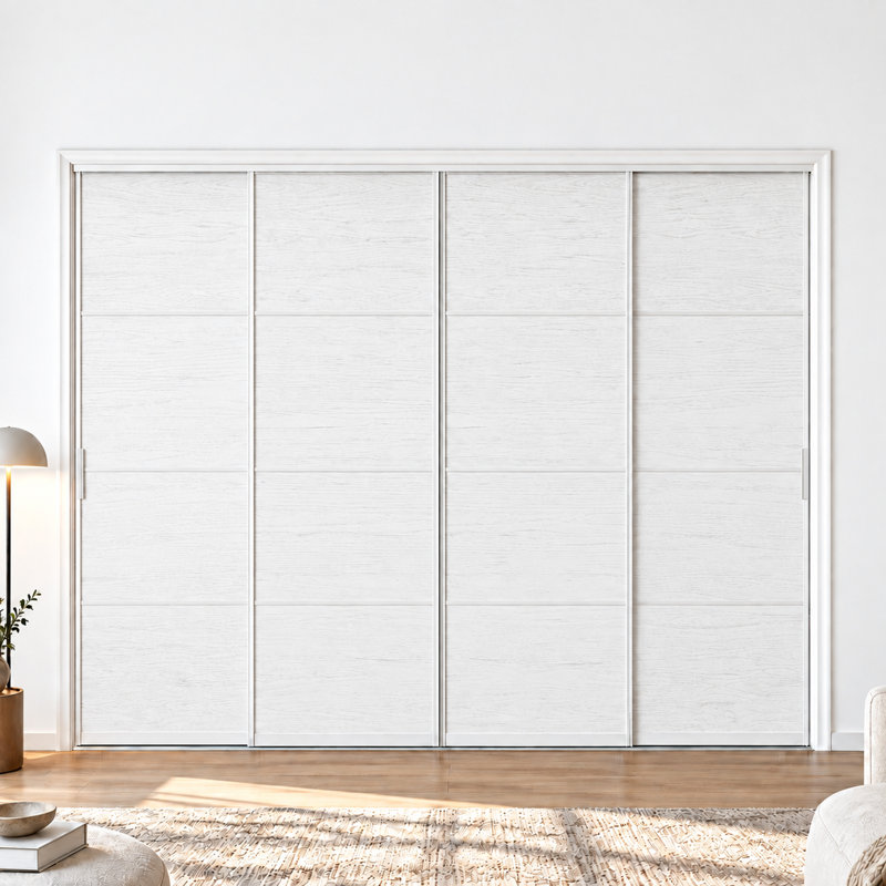 Porte de placard coulissante avec panneaux en grain de bois blanc et miroir, conception personnalisable à 4 panneaux, rail et quincaillerie inclus